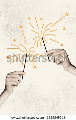 Composite sketch design artwork photo collage of christmas season december newyear holiday anonymous hand hold fireworks celebrate holiday