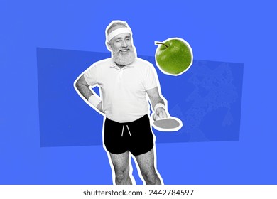 Composite sketch image 3D photo collage of aged sportsman play mini tennis with apple tasty fruit keep balance diet healthy body activity - Powered by Shutterstock