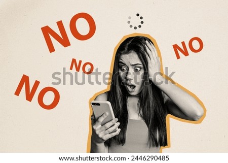 Composite sketch image artwork collage of silhouette shocked lady staring read in social media scandal fake news expression emotion