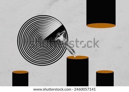 Composite sketch image artwork collage of huge hole black circles print platform young shocked lady fall down disbalance suffer headache