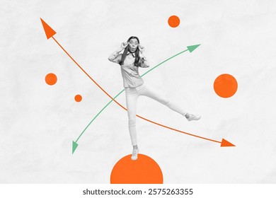 Composite sketch image design artwork collage of arrow show different dirction choice young lady stand wow emoji balance goal challenge
