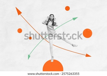 Composite sketch image design artwork collage of arrow show different dirction choice young lady stand wow emoji balance goal challenge
