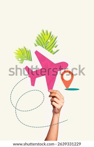Composite sketch image design artwork collage of hand hold plane flight trabel pessenger airport relax outdoors sea vacation trip way