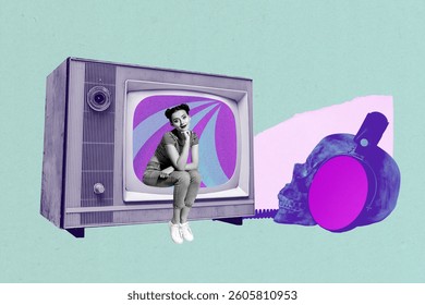 Composite sketch image design trend artwork collage of retro tv tuner monitor young lady sit smile skull bone wear headphones listen music