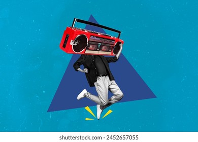 Composite sketch image trend artwork 3D photo collage of headless man funky dance incognito huge boombox instead retro vintage music play