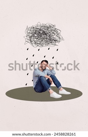 Composite sketch image trend artwork photo collage of young guy sad sit hold hand on head upset bad mood psychology cloud rain fall