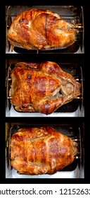 A Composite Of A Small Cooked Turkey Wrapped In Twine And Still In A Rotisserie Oven.