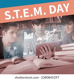 Composite of stem day text and caucasian teen boys using tablet with digital dna helix and graphs. Science, technology, engineering, mathematics, education, learning, library, together, celebrate. - Powered by Shutterstock