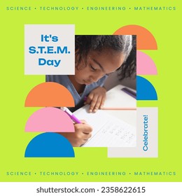 Composite of stem text over biracial schoolgirl writing on green background. Science, technology, engineering, mathematics stem day and learning concept digitally generated image. - Powered by Shutterstock