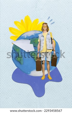 Composite template travel agency ad collage of young hippie hold baggage airplane over world save money lowcost isolated on blue background