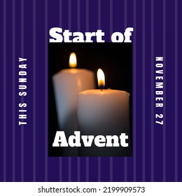 Composite of this sunday, start of advent, november 27 text and close-up of lit candles, copy space. Striped, christianity, candlelight, nativity, christmas, celebration, tradition and holiday. - Powered by Shutterstock