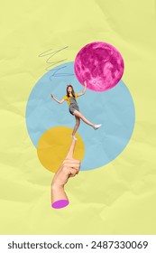 Composite trend artwork 3D image photo collage of huge hand arm wrist finger point hold miniature young lady walk balance pinup fool moon