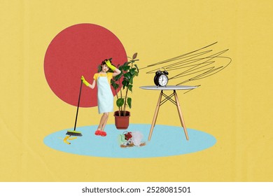 Composite trend artwork 3D image photo collage of home room domestic tasks tired lady housewife retro hairdo hold broom clean table clock
