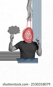 Composite trend artwork 3D image photo collage of monochrome copyspace young man show gesture finger point up headless rope control mess