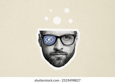 Composite trend artwork 3D image photo collage of monochrome young man head eyewear spy cross eyes watch contact oversee search focus