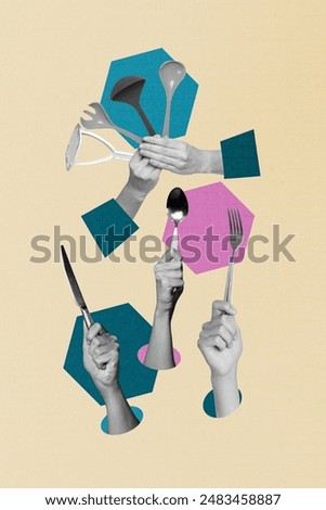 Composite trend artwork 3D image collage of crowd union man hands hold spoon fork knife kitchenwear tools eat cook prepare hungry