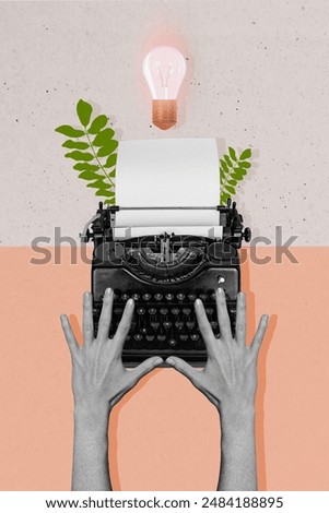 Composite trend artwork 3D image photo collage of idea lamp smart puzzle write novel book author hands finger old write typewriter machine