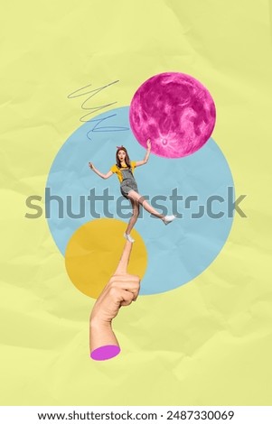 Composite trend artwork 3D image photo collage of huge hand arm wrist finger point hold miniature young lady walk balance pinup fool moon