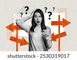 Composite trend artwork 3D sketch image photo collage of confused face young girl read news staring phone choose arrow goal direction way