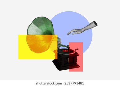 Composite trend artwork 3D sketch image photo collage of copyspace obsolete music recorder gramophone oldschool vinyl playlist retro