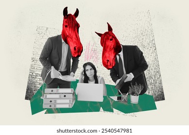 Composite trend artwork 3D sketch image photo collage of young man colleagues stand head animal farm stress job young lady boss task - Powered by Shutterstock