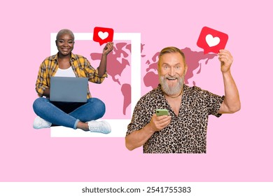 Composite trend artwork 3D sketch image photo collage of young lady aged man user profile date online app heart banner laptop world map - Powered by Shutterstock