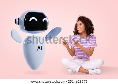 Composite trend artwork 3D sketch image photo collage of robot assistant artificial intellect young lady sit down show finger point choose
