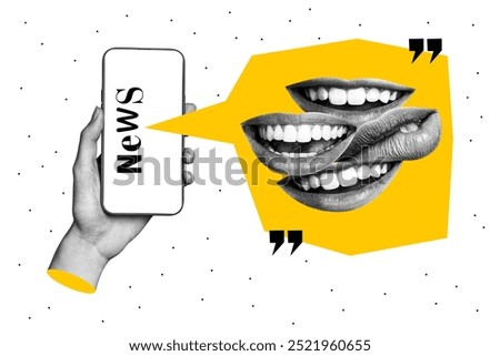 Composite trend artwork 3D sketch image photo collage of hand hold smartphone show display news speech cloud mouth lips talk gossip