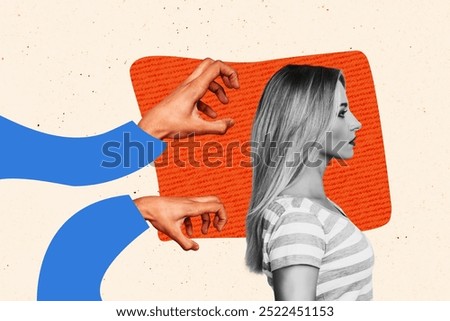 Composite trend artwork 3D sketch collage of young lady stand model posing back arm hands sleeve gesture catch grab nonverbal language
