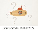 Composite trend artwork collage of caricature copyspace miniature aged man staring window sit submarine question symbol what direction