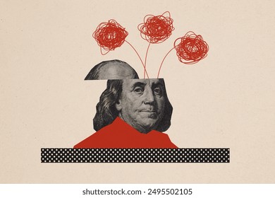 Composite trend artwork collage of caricature copyspace miniature presindent franklin half head open mind think brainstorming think mess - Powered by Shutterstock