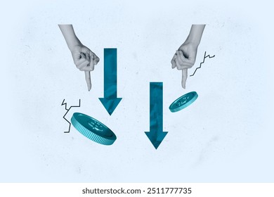 Composite trend artwork image collage of business trader arrow down lose money crisis finance down pile coins arm wrist finger point way