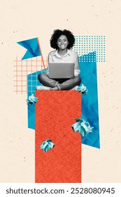 Composite trend artwork image collage of copyspace monochrome young woman sit platform success win flag work laptop career promotion