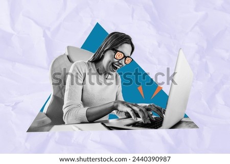 Composite trend artwork image collage of black white silhouette young hardworking lady smile type on keyboard laptop message to colleague