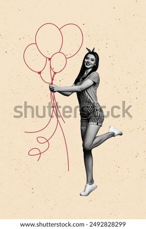 Composite trend artwork image collage of monochrome young woman pinup style model posing stand hand hold drawn air balloons holiday
