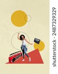 Composite trend artwork image photo collage of carefree weekend club relax young woman funky dance moving boombox listen music cassette