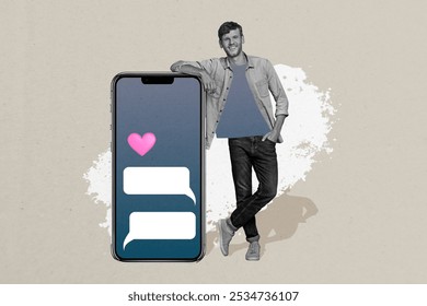 Composite trend artwork image photo collage of silhouette young man stand hand hold smartphone display chatting cloud app date heart love - Powered by Shutterstock