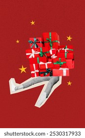 Composite trend artwork photo collage of merry Christmas holiday celebrate winter season party decor pile box present legs sit bodyless