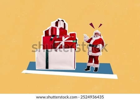 Composite trend artwork sketch collage of merry christmas new year holiday celebration aged man santa claus hat finger point pile present