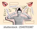 Composite trend artwork sketch image photo collage of speech cloud message social media chatting young lady cover ears suffer mouth rumors