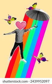 Composite trend artwork sketch image photo collage of young man hold umbrella homosexual gay headless heart instead lgbt flag butterfly