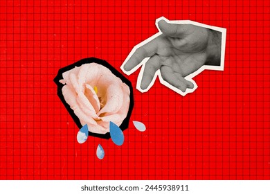 Composite trend artwork sketch image 3D photo collage of silhouette halftone huge man arm reach out flower rose water drops fall down