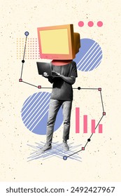 Composite trend artwork sketch image collage of young man office manager computer monitor head trader business hand hold laptop remote job