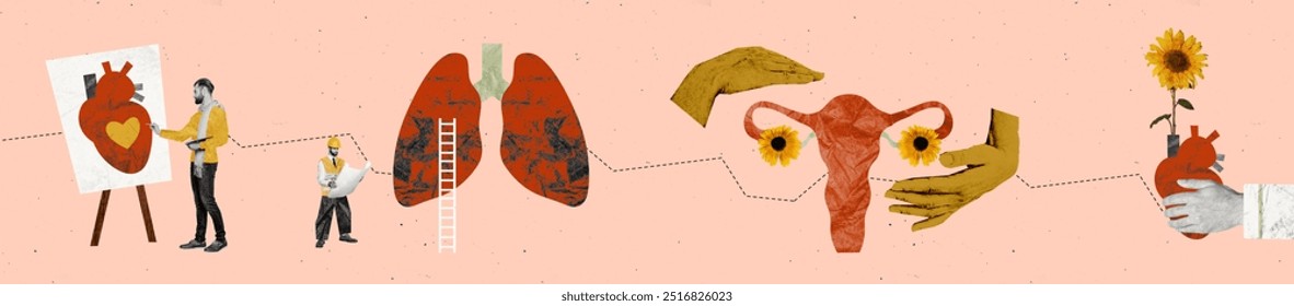 Composite trend artwork sketch image photo collage of horizontal panorama workspace man team human body organ lung heart woman pms cycle