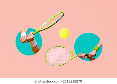 Composite trend artwork sketch image collage of two hands hold tennis rackets play sport competition ball athletic match sport hobby - Powered by Shutterstock