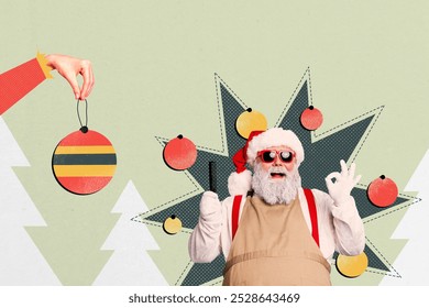 Composite trend artwork sketch image collage of newyear merry christmas holiday winter celebrate aged man hand hold ball branch decoration - Powered by Shutterstock