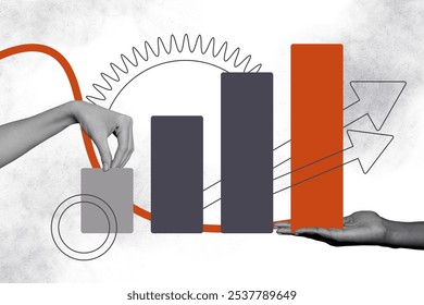Composite trend artwork sketch image collage of cogwheel teamwork hands hold platform graphics stats arrow way direction growth success