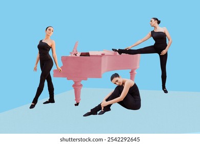 Composite trend artwork sketch image photo collage of young lady fashion model ballerina dance exercise piano instrument listen music - Powered by Shutterstock