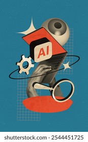 Composite trend artwork sketch image collage of intelligence assistant creative device internet icon ai hand type laptop cogwheel loupe
