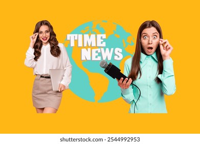 Composite trend artwork sketch image collage of world globe news time correspondent two young lady stand staring hold microphone laptop - Powered by Shutterstock